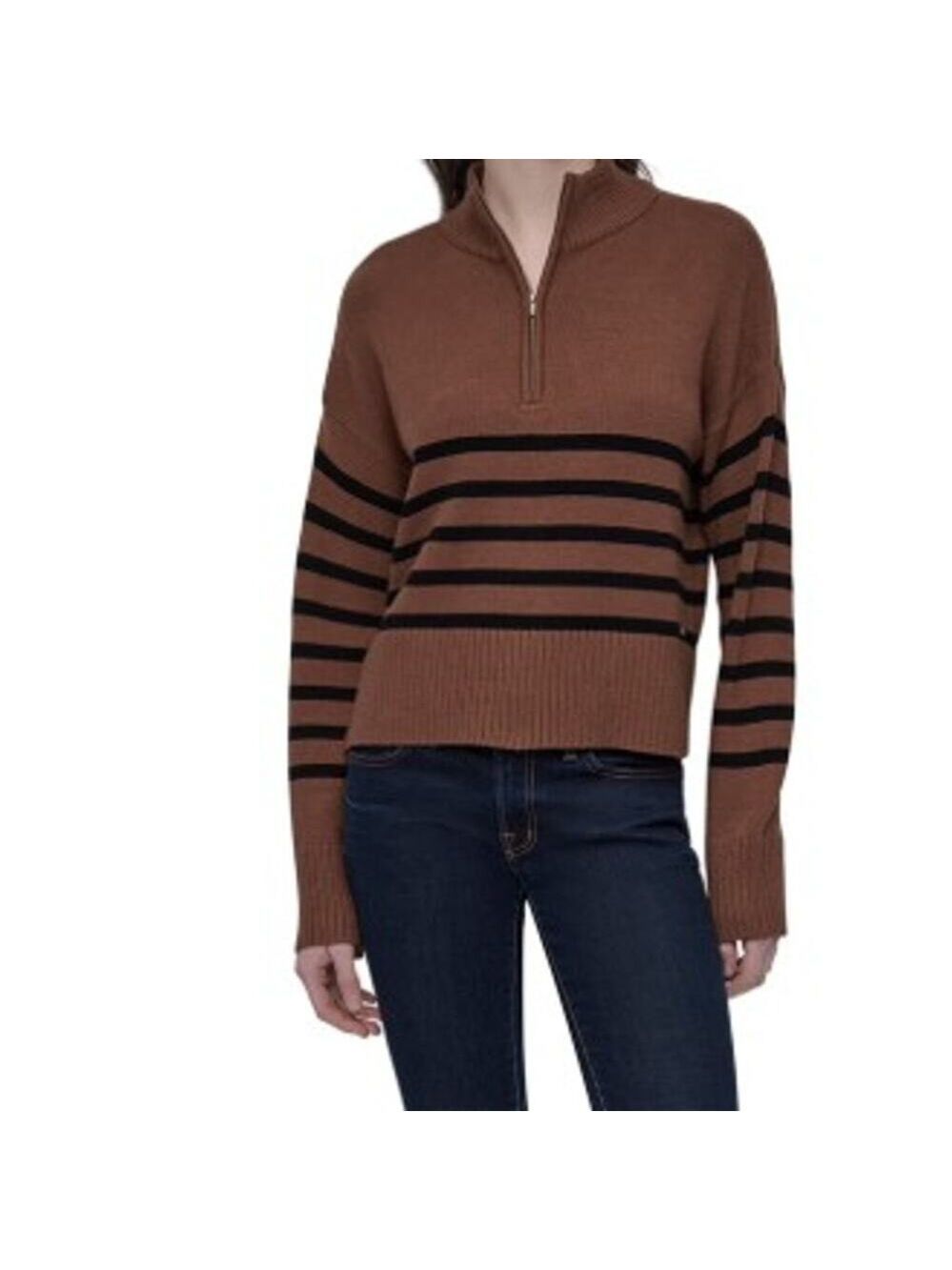 DKNY Brown and Black Striped Half-Zip Sweater